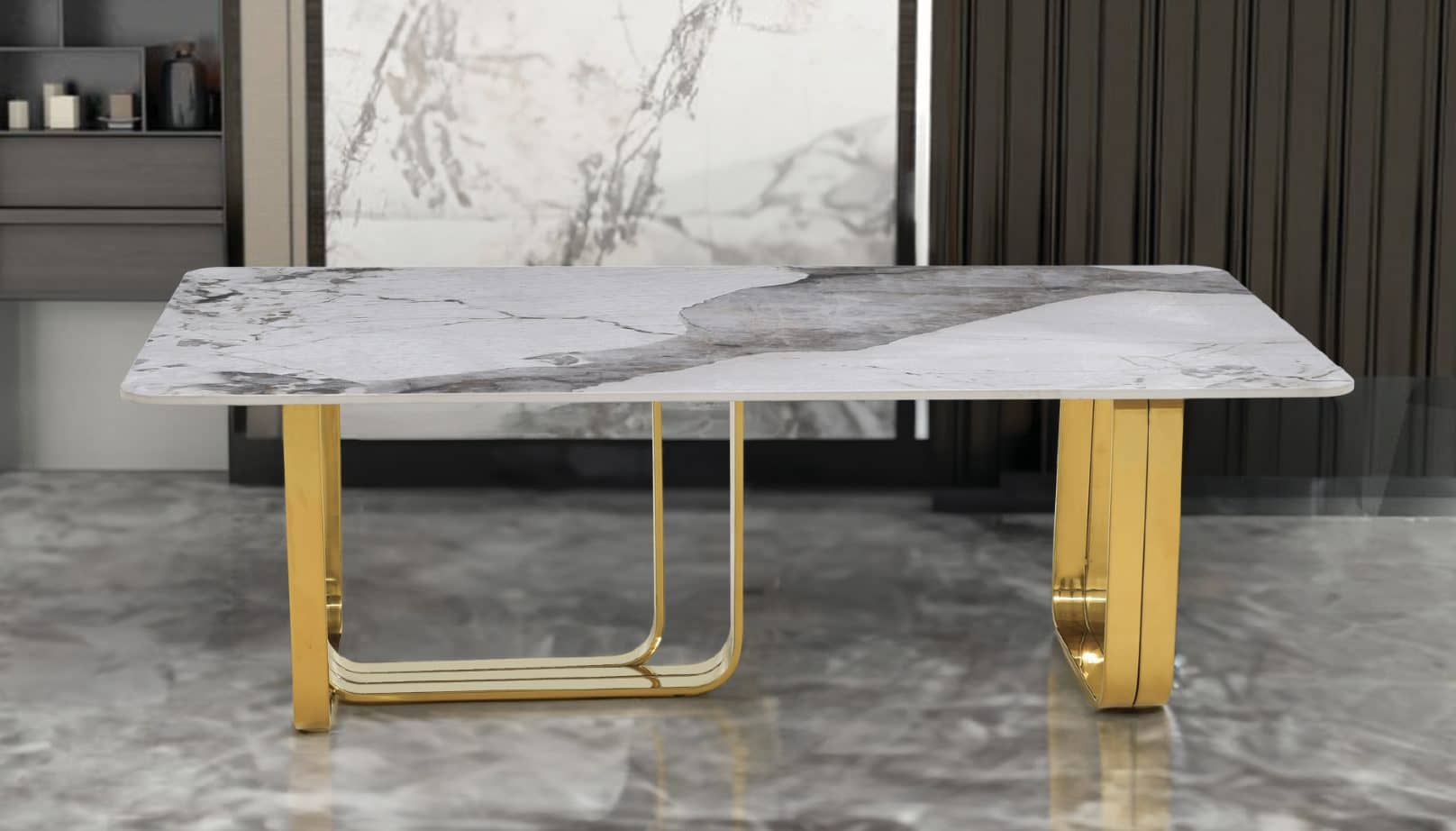 Marble-top coffee table with gold base at Gateway Furniture Edmonton