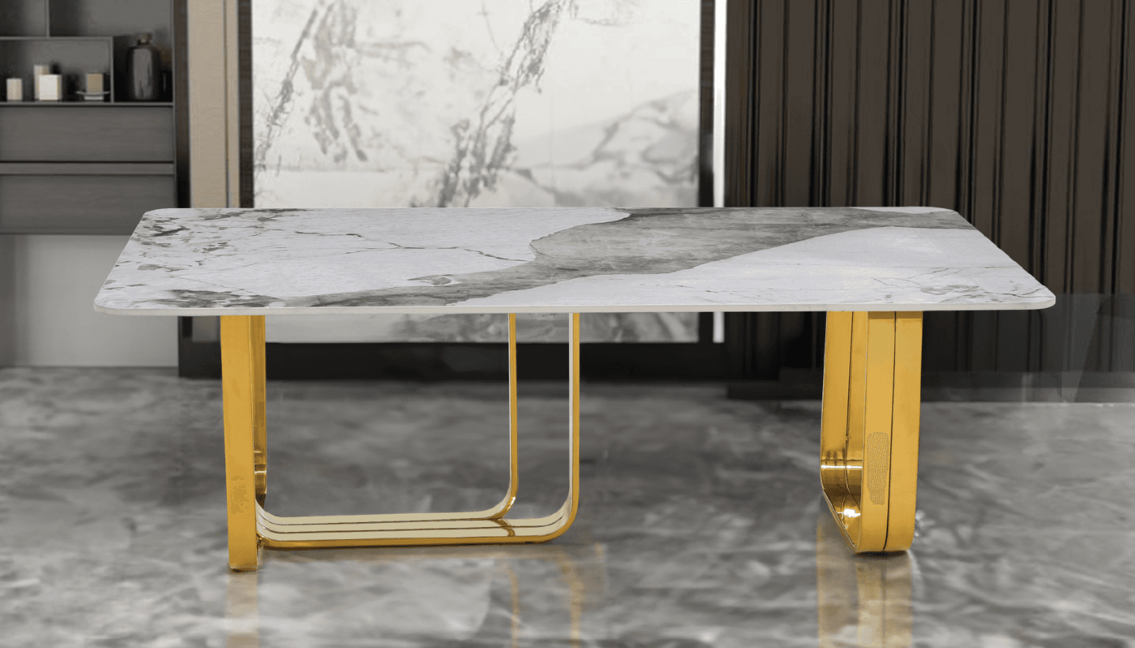 Marble-top coffee table with gold base at Gateway Furniture Edmonton